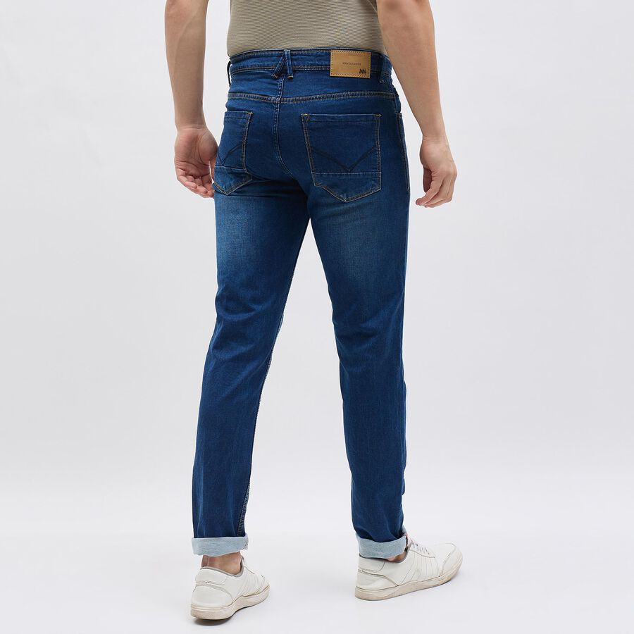 Men's Stonewashed Blue Slim Fit Whiskered Jeans, Dark Blue, large image number null