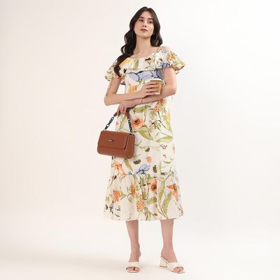 Women's Off White Cotton V-Neck Bohemian Floral Dress