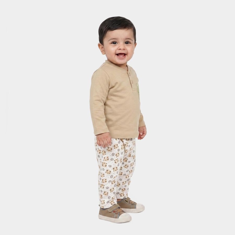Infants' Beige 100% Cotton Henley Neck Graphic Print Baba Suit, गहरा पीला, large