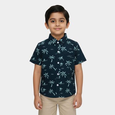 Boys' Navy Blue Cotton Half Sleeve Classic Collar Casual Shirt