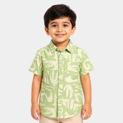 Boys Green Cotton Short Sleeves Collar Regular Fit Shirt