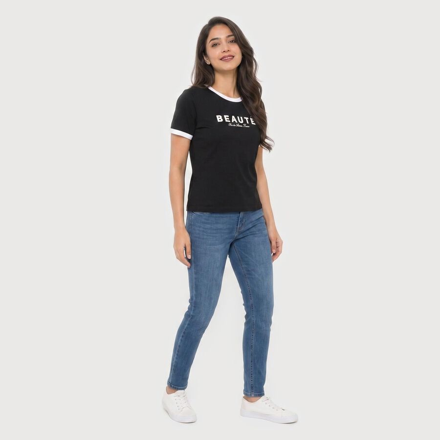 Women's Black Cotton Round Neck Regular T-Shirt, Black, large