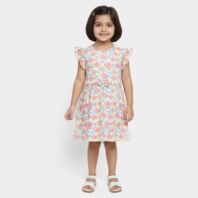 Girls' Pink Floral Printed Ruffled Sleeve Frock