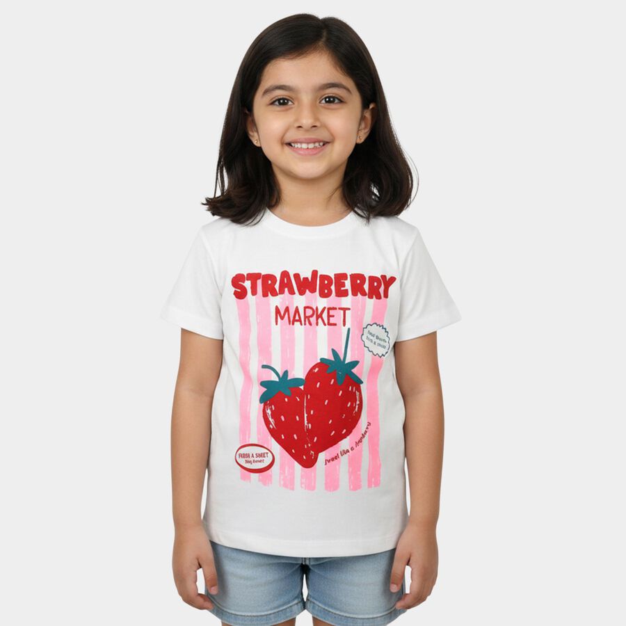 Girls White Crew Neck Regular T-Shirt, White, large