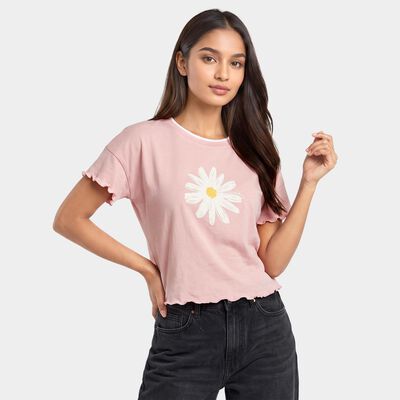 Women's Pink Cotton Round Neck Regular T-Shirt