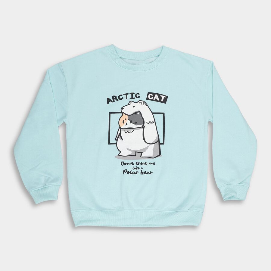 Girls Light Blue Crew Neck Graphic Sweatshirt, Aqua, large image number null