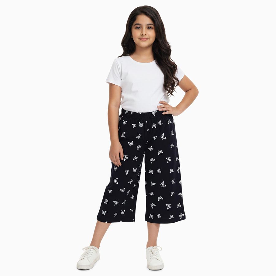 Girls' Black Butterfly Print Elastic Waist Cotton Blend Capri, Navy Blue, large image number null