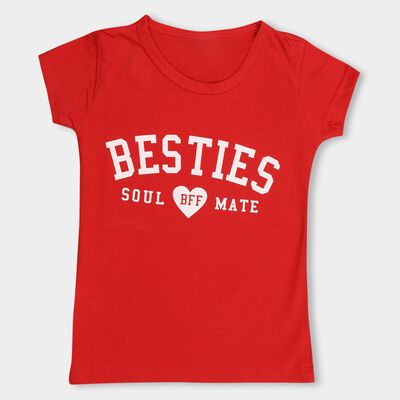 Girls Bright Cherry Red Cotton Blend Crew Neck Short Sleeve T-Shirt