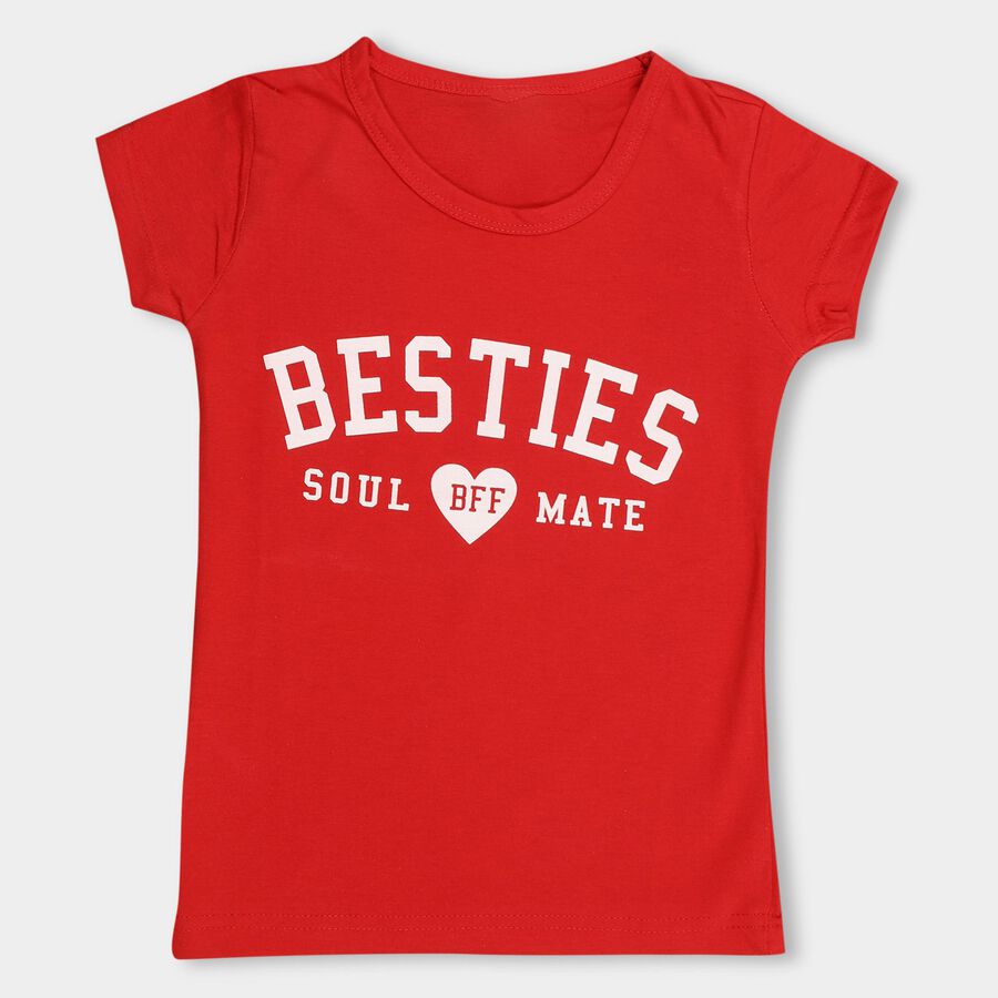 Girls Bright Cherry Red Cotton Blend Crew Neck Short Sleeve T-Shirt, Red, large image number null