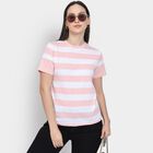 Ladies'  Stripes Round Neck T-Shirt, गुलाबी, small