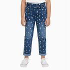 Girls' Muted Mid Blue Regular Fit Floral Printed Jeans, हल्का नीला, small