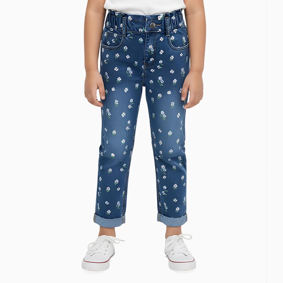 Girls' Muted Mid Blue Regular Fit Floral Printed Jeans, हल्का नीला, large