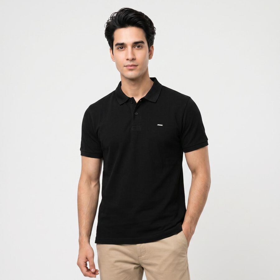 Men's Black Cotton Polo Neck T-Shirt, काला, large