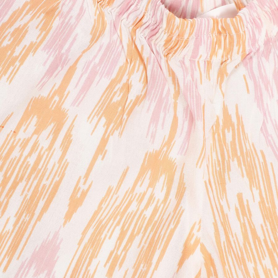 Girls Peach and White Embroidered Ikat Print Kurta and Palazzo Fusion Set, Off White, large image number null