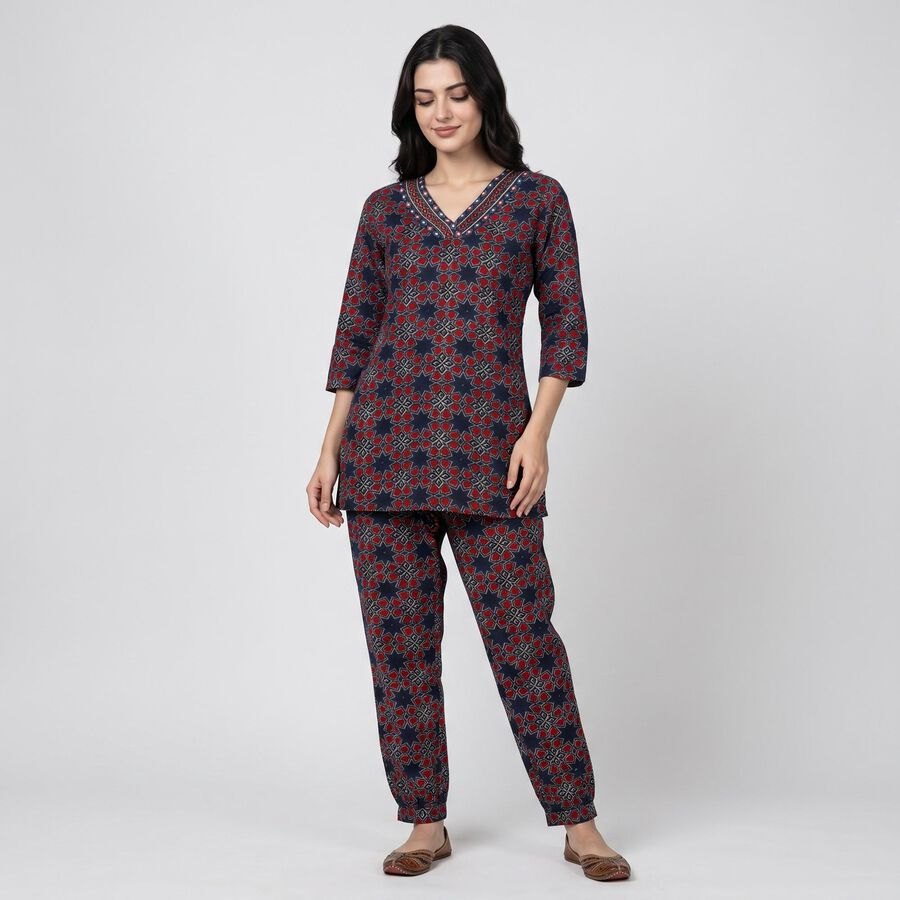 Women's Navy Blue Geometric Printed Ethnic Set, गहरा नीला, large
