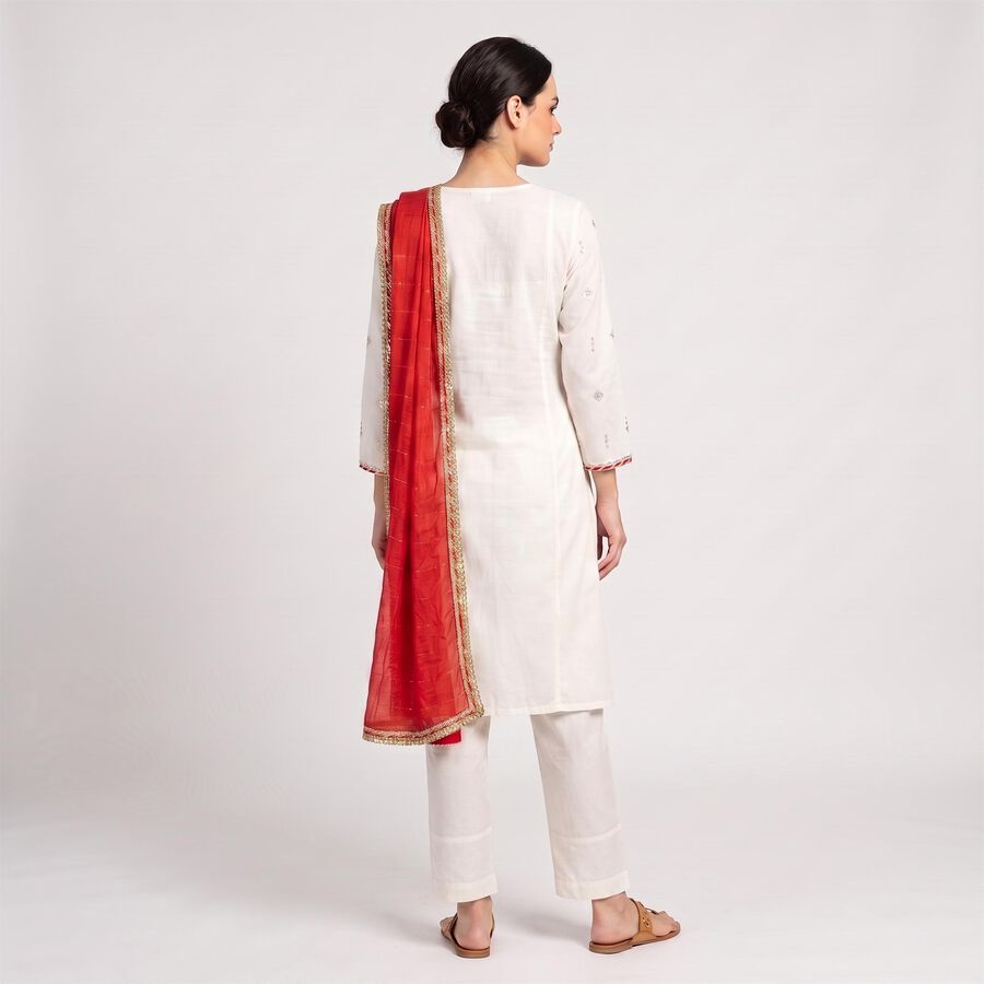 Women's Off White Round Neck Embroidered Straight Kurta, ऑफ व्हाइट, large