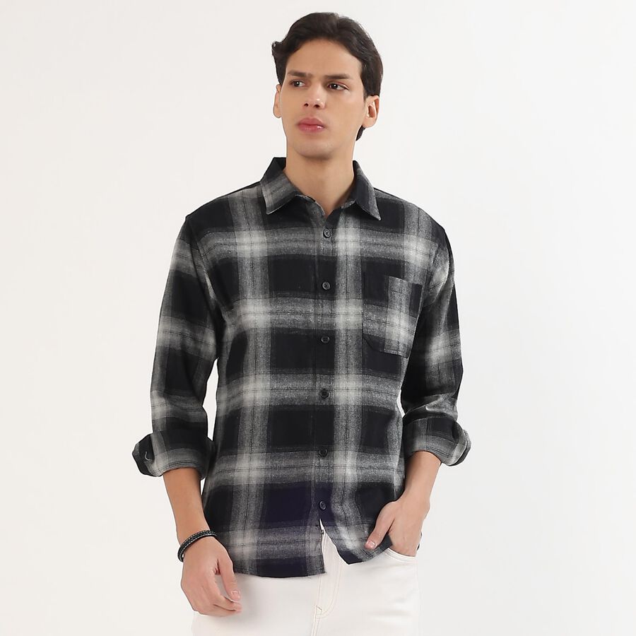 Men's Dusty Charcoal Black Cotton Spread Collar Casual Shirt, काला, large image number null