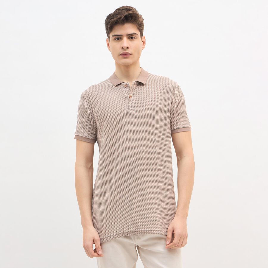 Men's Beige Polo Neck Casual T-Shirt, Beige, large