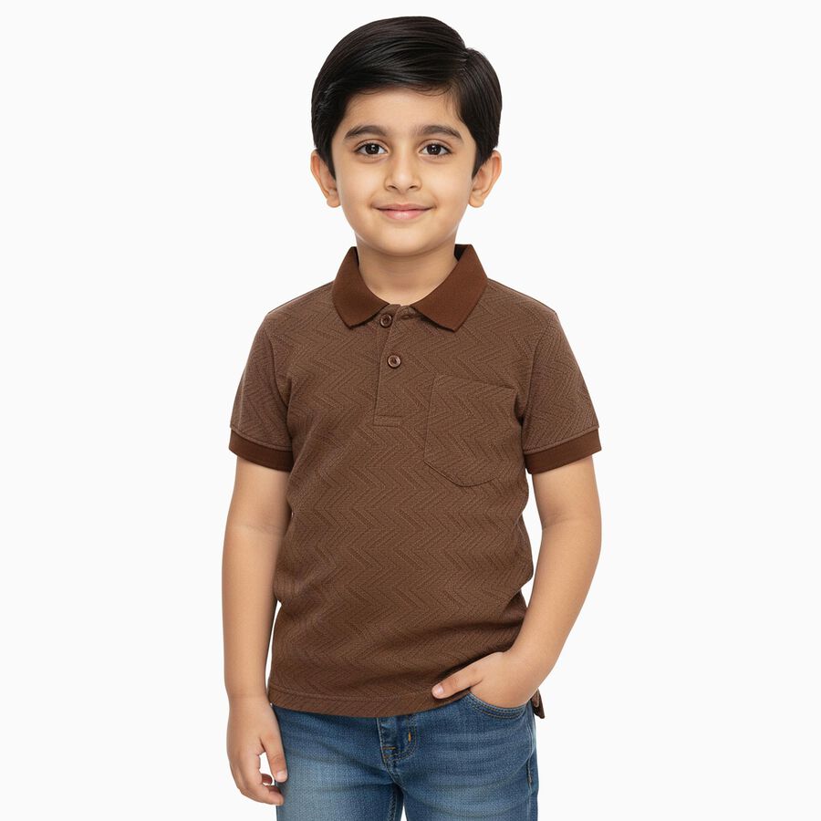 Boys Muted Brown Round Neck Casual Half Sleeve T-Shirt, भूरा, large