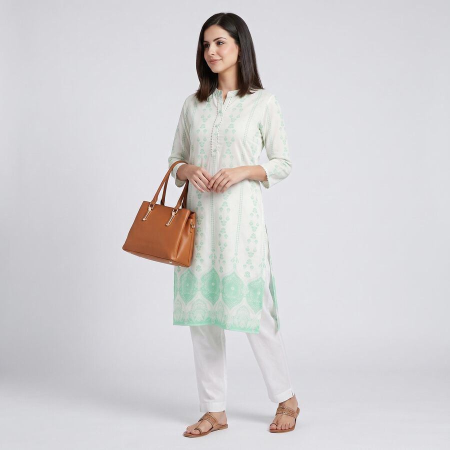 Women's Mint Green Mandarin Collar Printed Straight Kurta, Light Green, large