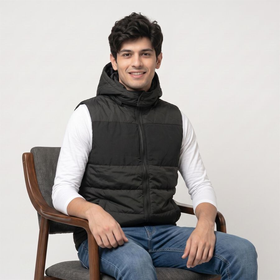 Men's Black Hooded Puffer Jacket, Black, large