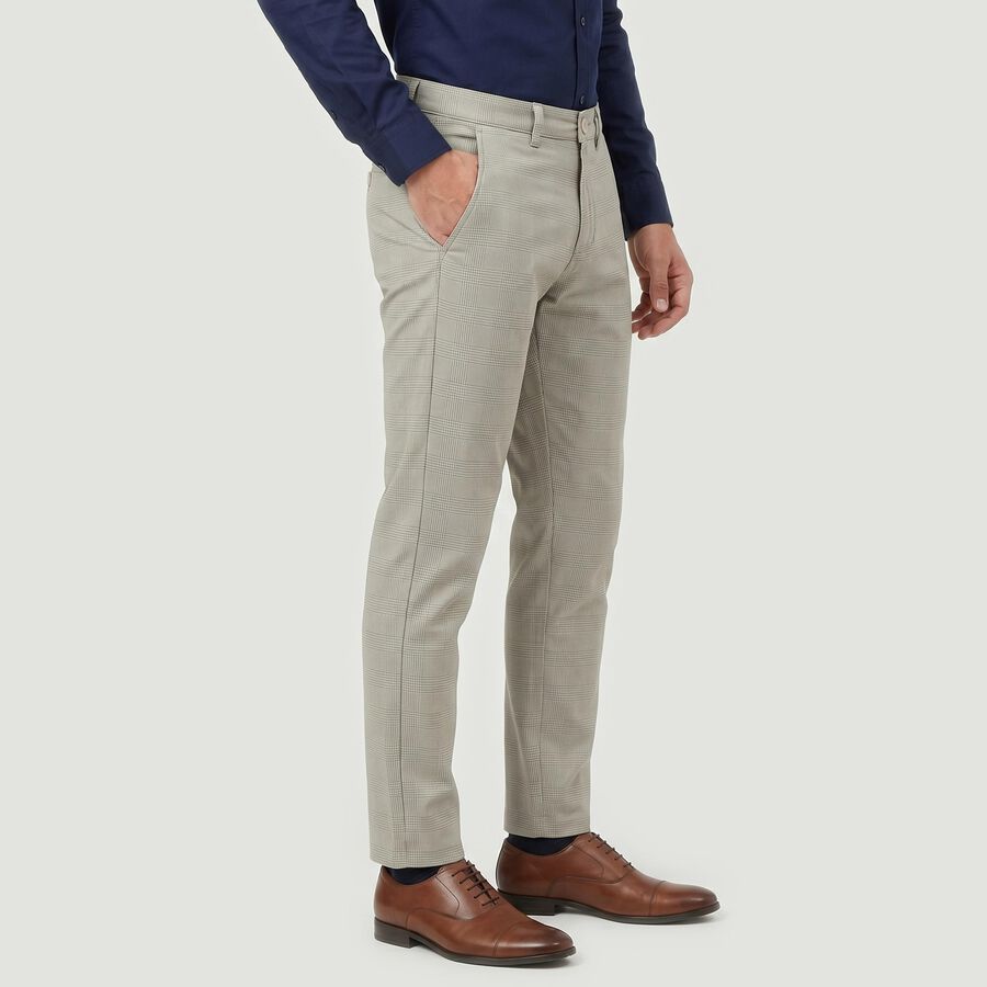 Men's Grey Slim Fit Checked Casual Trousers, हल्का ग्रे, large