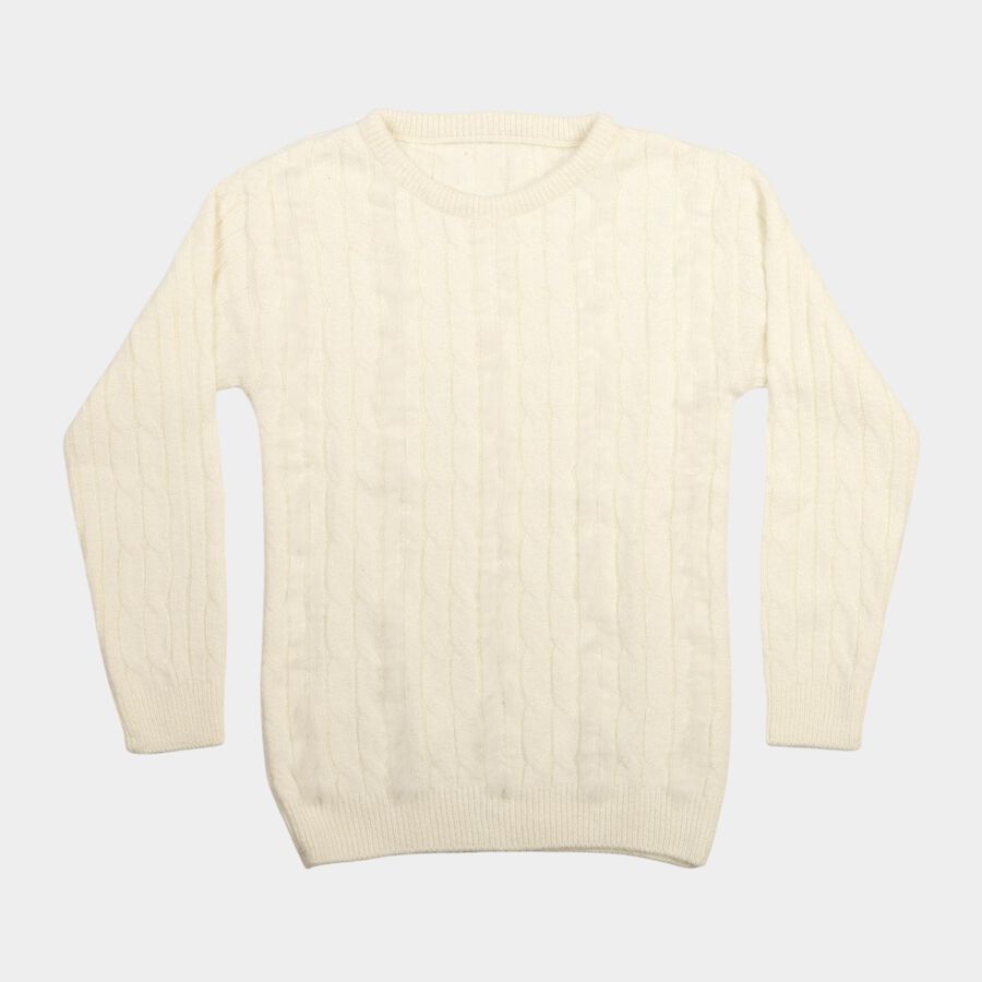 Girls Cream Crew Neck Cable Knit Pullover, ऑफ व्हाइट, large
