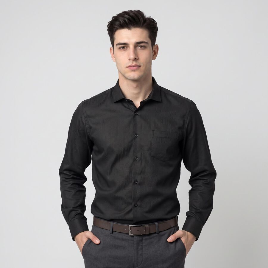 Men's Black Spread Collar Formal Shirt, काला, large