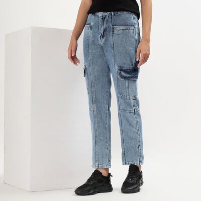 Women's Stonewashed Blue Cargo Fit Jeans