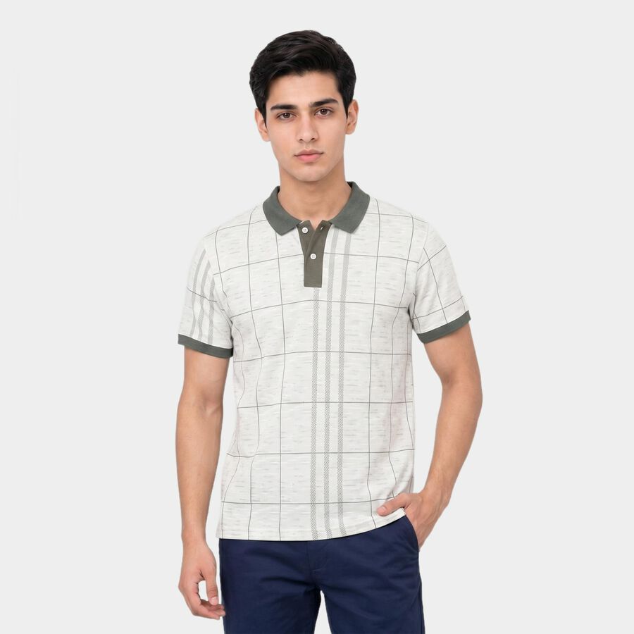 Men's Grey Cotton Polo Neck Checked T-Shirt, हल्का ग्रे, large