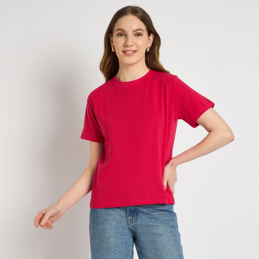 Ladies' 100% Cotton Round Neck T-Shirt , रानी (फ्यूशिया), large