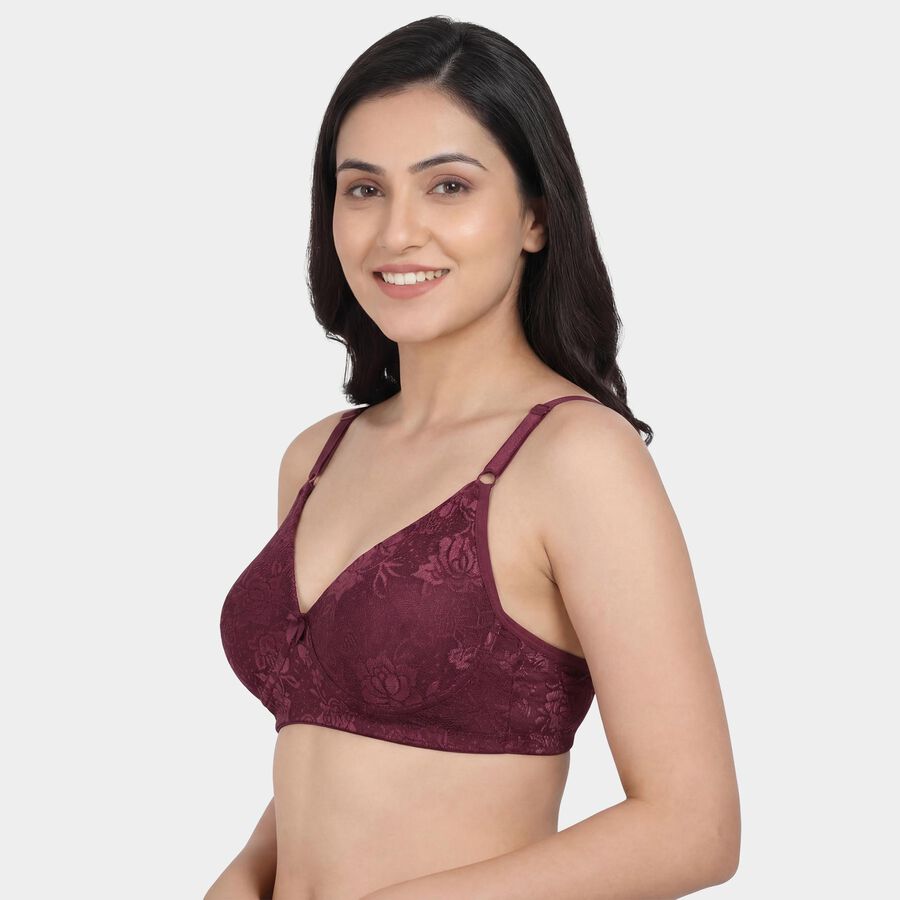 Women's Wine V-Neck Wireless Lace Bra, Wine, large