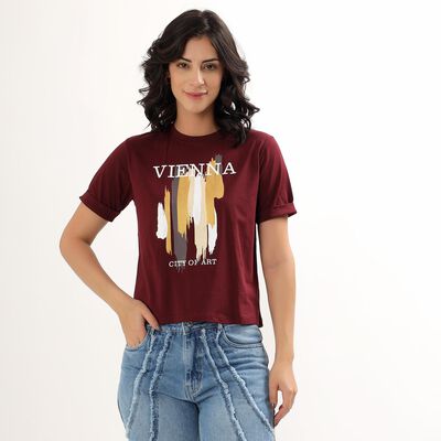Women's Deep Maroon Round Neck Printed T-Shirt