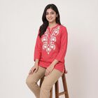 Women's Coral Cotton Notch Neck Embroidered Kurti, मूँगा (कोरल), small