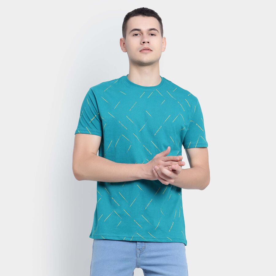 Cotton Round Neck T-Shirt, Teal Blue, large image number null