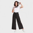Women's Black Wide Leg Pleated Trousers, काला, small