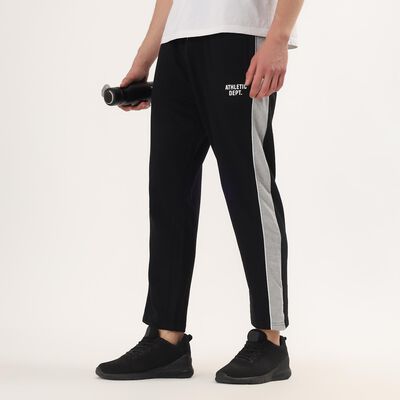 Men's Black Regular Fit Side-Striped Athletic Print Track Pants