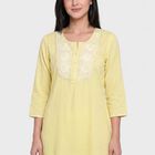 Women's Yellow Round Neck Embroidered Kurta, Yellow, small