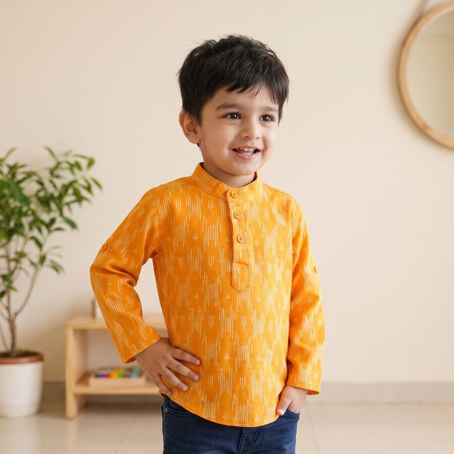 Boys Yellow Cotton Mandarin Collar Regular Fit Casual Shirt, पीला, large
