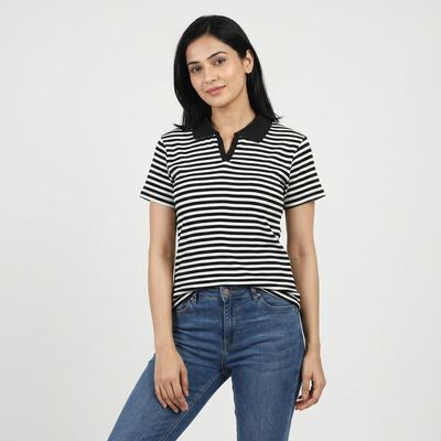 Women's Black Polo Neck Striped Polo T-Shirt