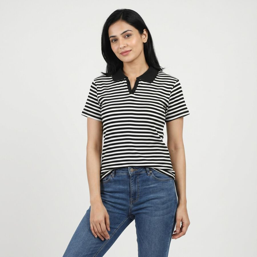 Women's Black Polo Neck Striped Polo T-Shirt, Black, large