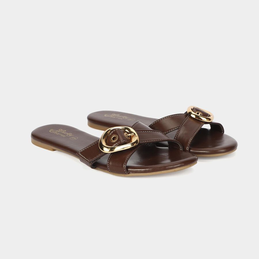 Women's Brown Buckle Strap Slide Sandals, भूरा, large