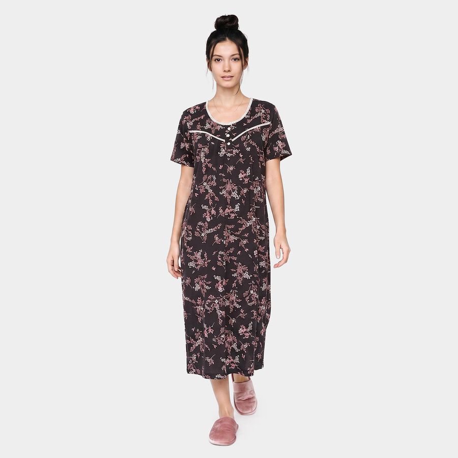 Women's Dark Grey Round Neck A-Line Nighty, गहरा ग्रे, large
