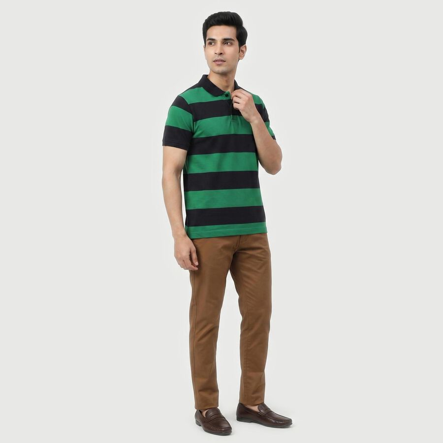 Men Green Polo Neck Striped T-Shirt, Dark Green, large