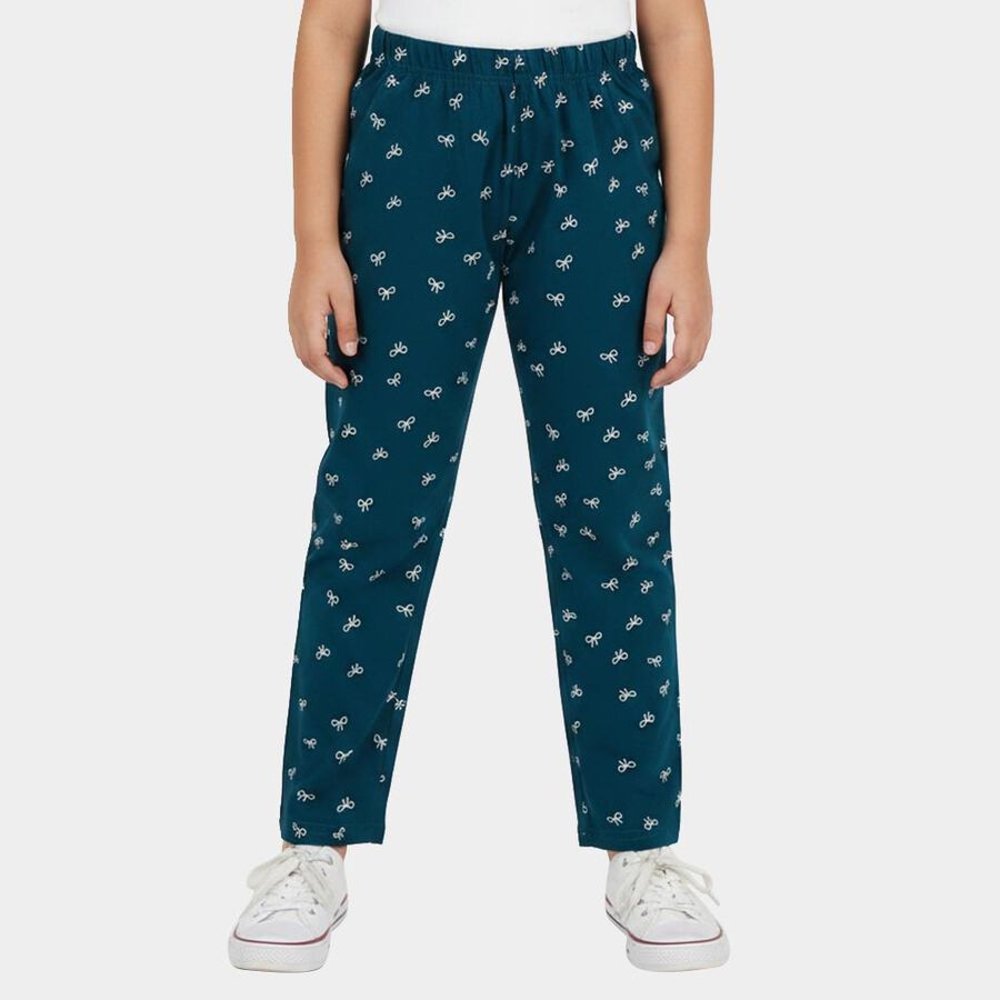 Girls' Teal Straight Fit Bow Printed Pyjama, Teal Blue, large