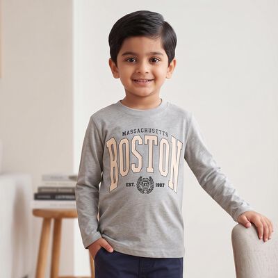 Boys Grey Cotton Blend Crew Neck Regular T-Shirt