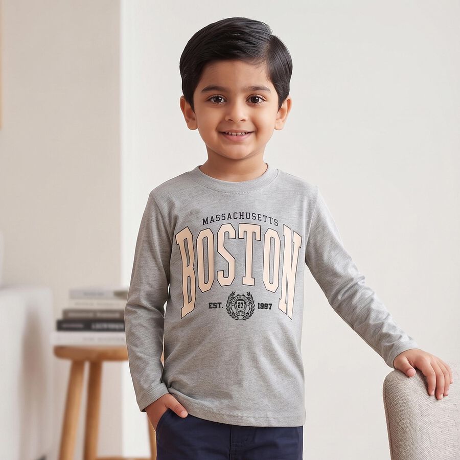 Boys Grey Cotton Blend Crew Neck Regular T-Shirt, Melange Light Grey, large