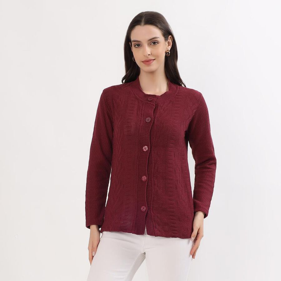 Women's Rich Burgundy Round Neck Casual Cardigan, वाइन, large image number null