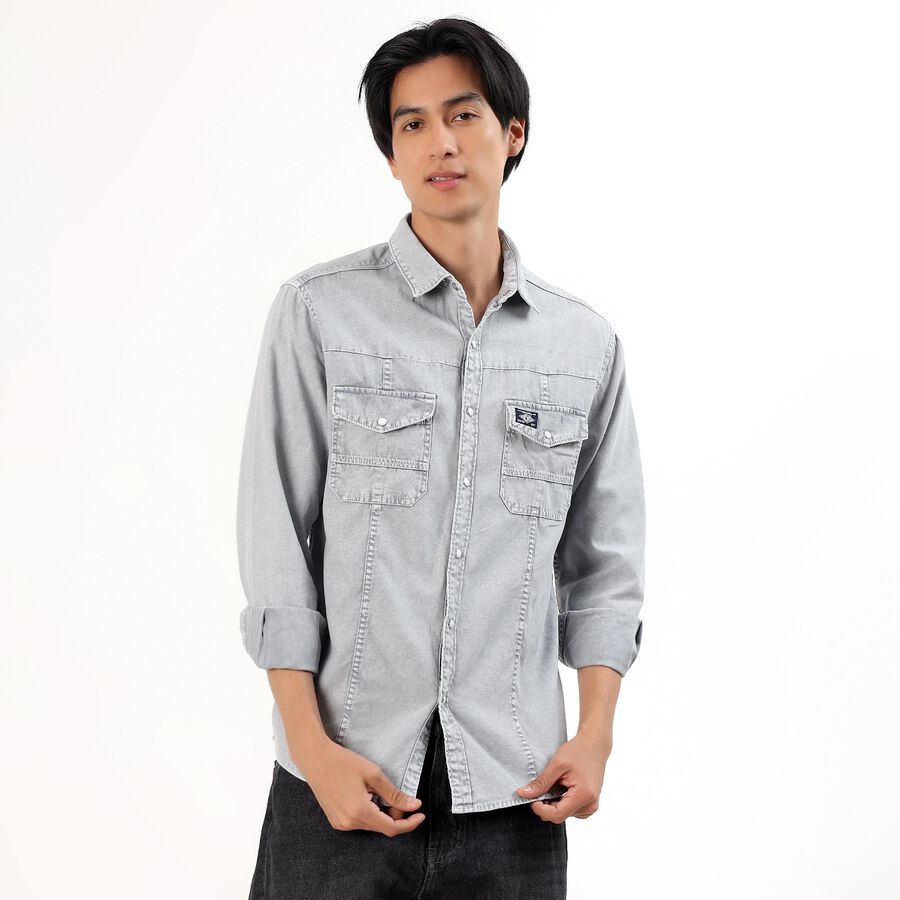 Men's Light Grey Cotton Full Sleeve Classic Collar Casual Shirt, Light Grey, large