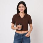 Women Brown Polo Neck Polo T-Shirt, भूरा, small